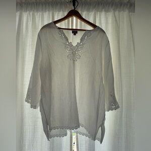 J Jill Sheer White Tunic Blouse with Lace Embroidered Detail